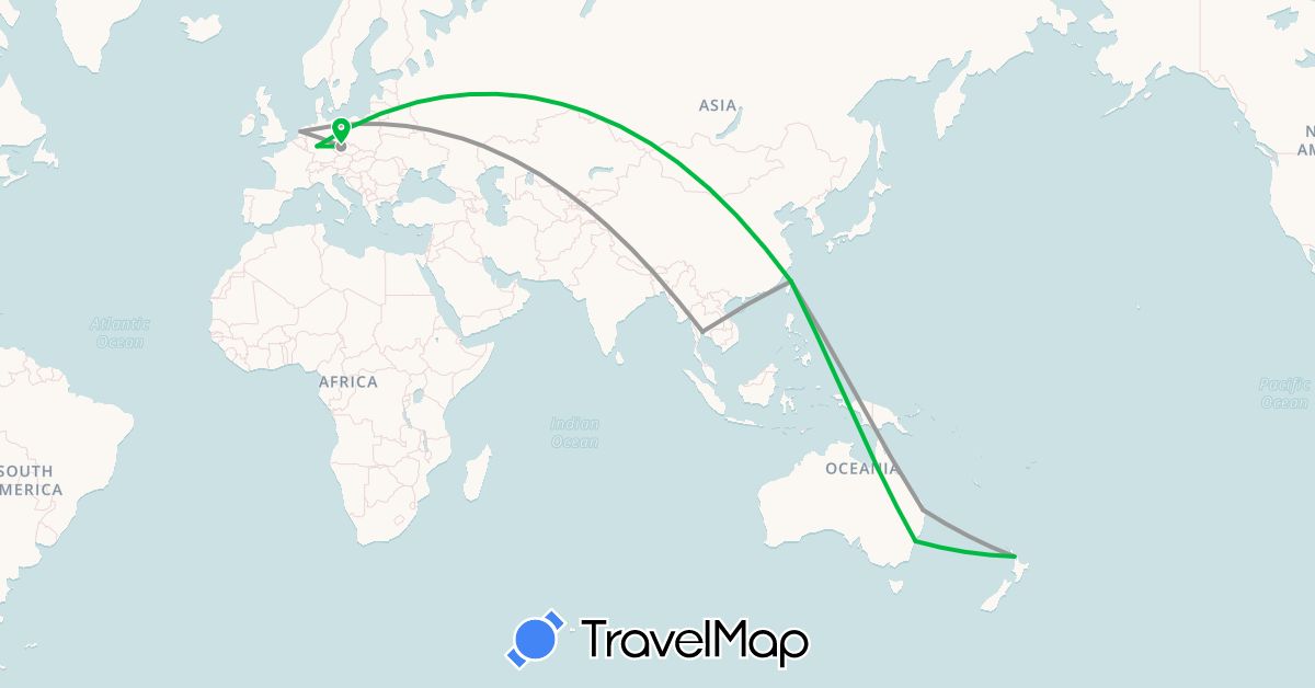 TravelMap itinerary: driving, bus, plane in Australia, Czech Republic, Germany, Netherlands, New Zealand, Thailand, Taiwan (Asia, Europe, Oceania)